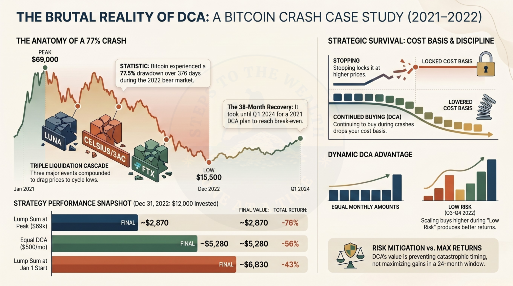 DCA into Bitcoin through the 2021–2022 crash — $500/month equal DCA accumulated 0.32 BTC at a paper loss of 56% by December 2022