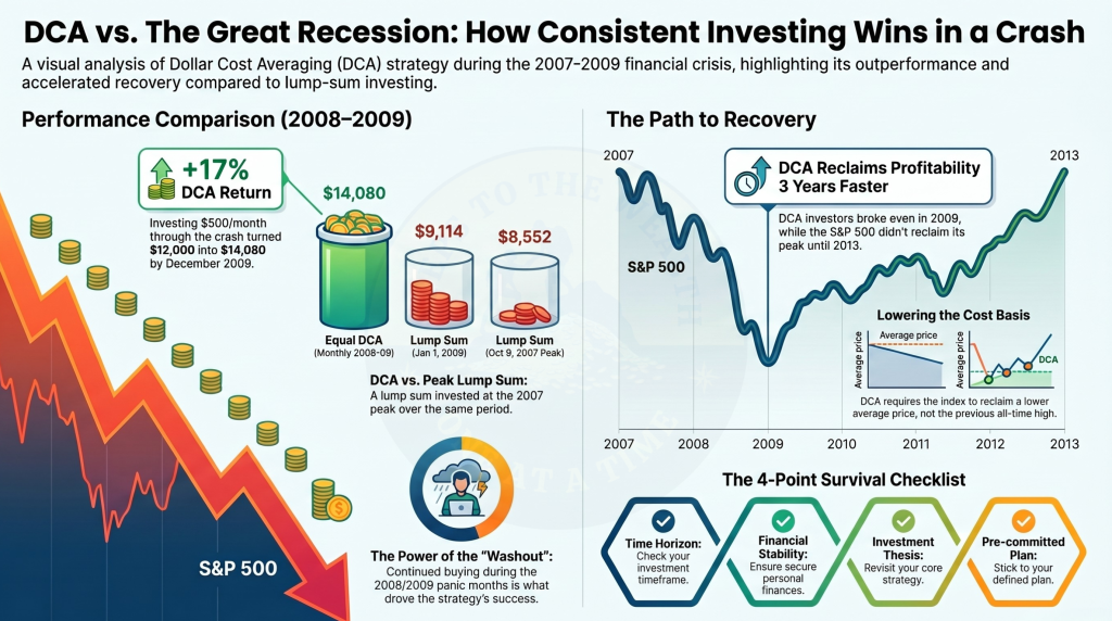 DCA into the S&P 500 through the 2008 financial crisis — $500/month returned +17% despite a 57% index drawdown over 517 days