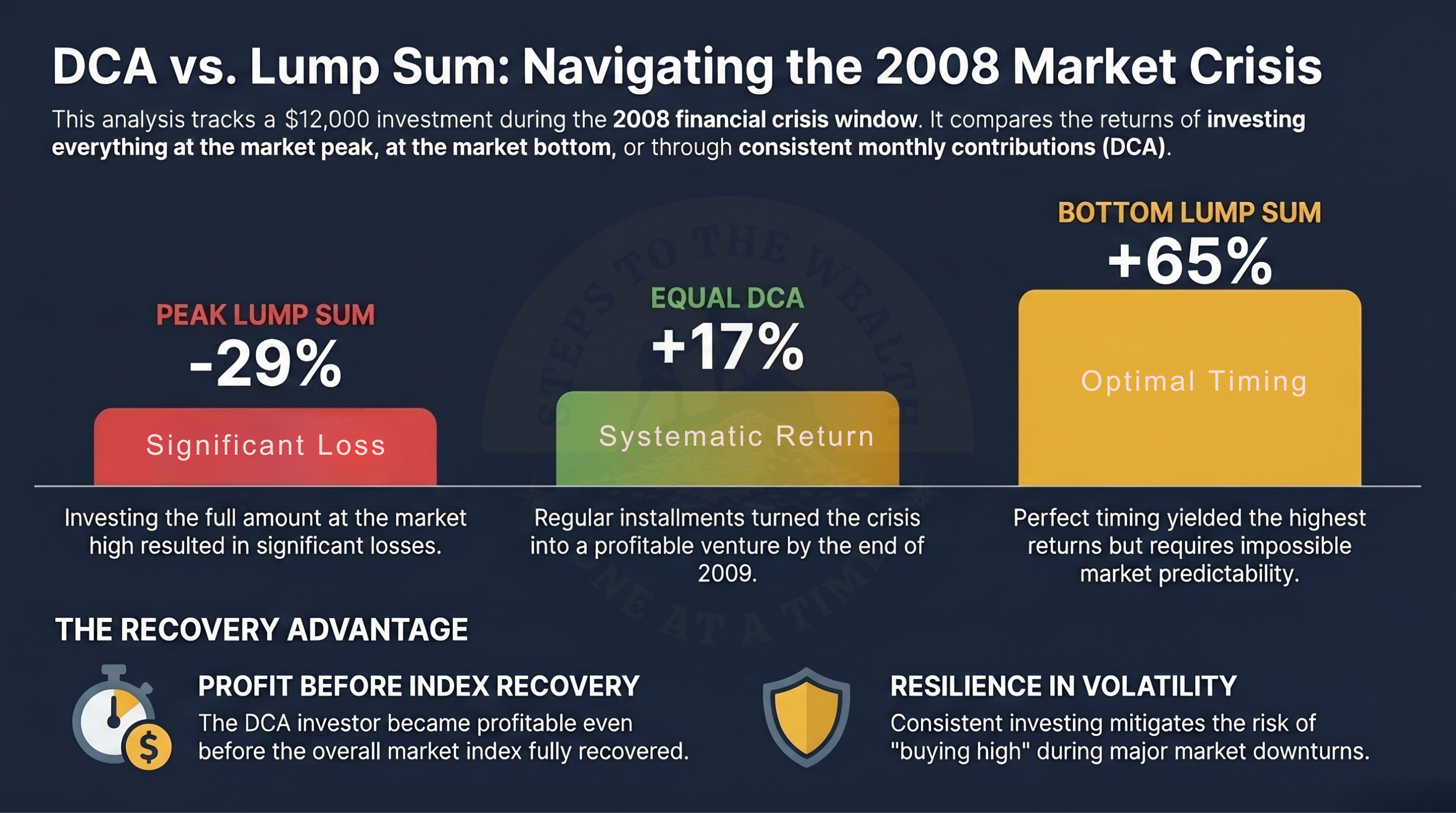 DCA vs lump sum in 2008 — comparing equal DCA cost basis against January 2008 and peak lump-sum outcomes through the financial crisis.