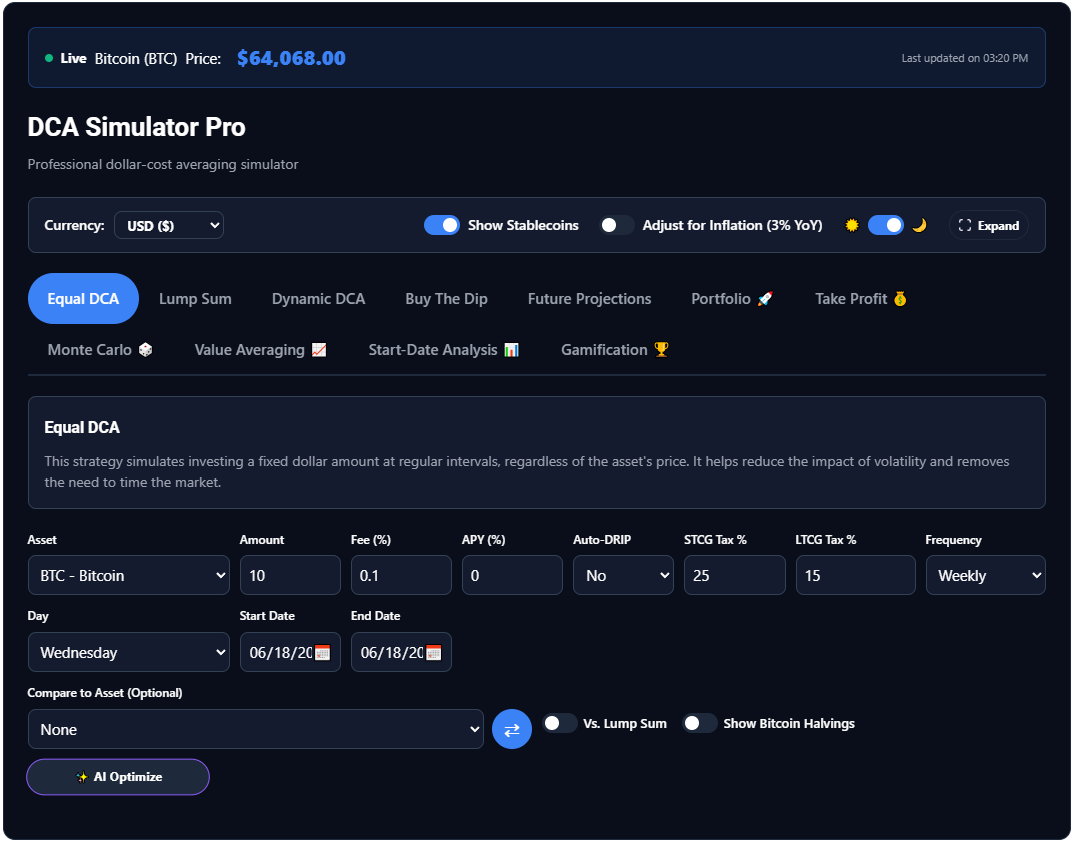 DCA Simulator Pro live preview &mdash; Equal DCA on BTC