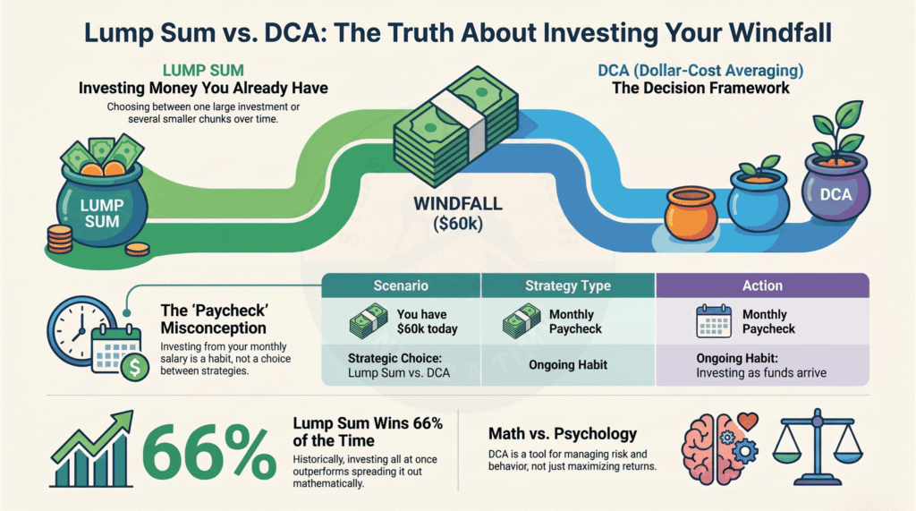 Lump sum vs DCA for a windfall - deploying money you already have versus dollar-cost averaging an incoming paycheck