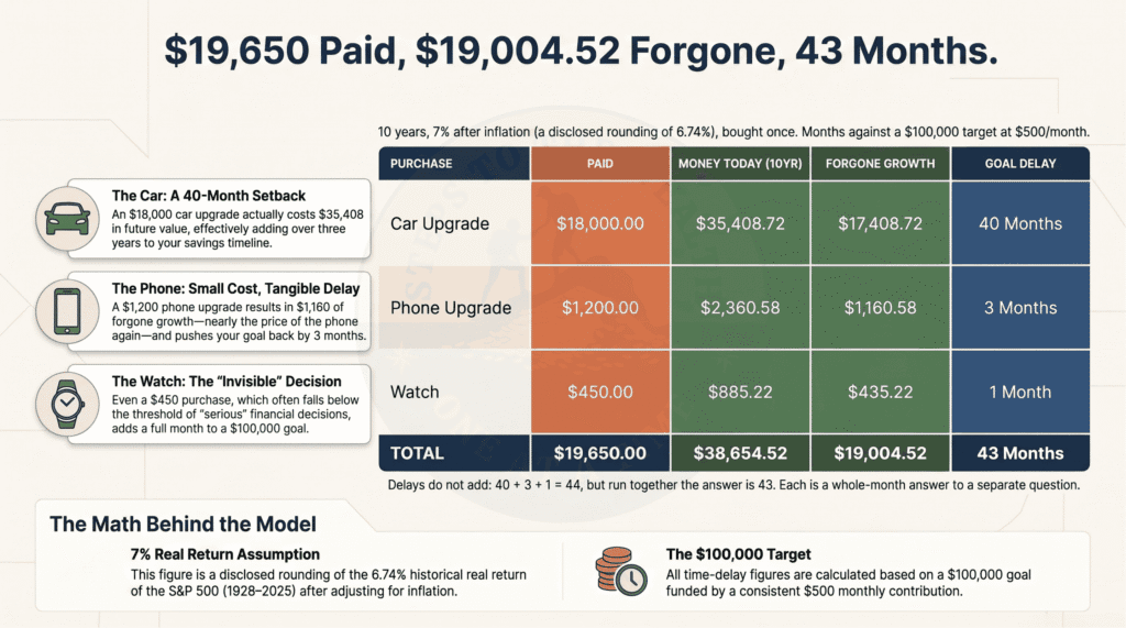 The full arithmetic of a purchase's time value, with every step shown