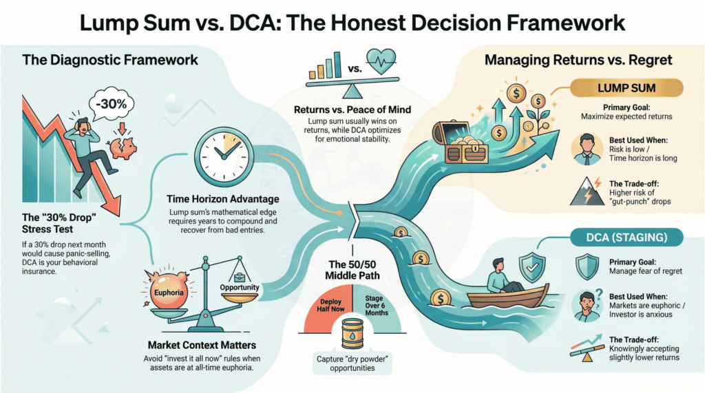 Honest decision framework for lump sum vs DCA - the 30% drop stress test, time horizon, market context, and the middle path