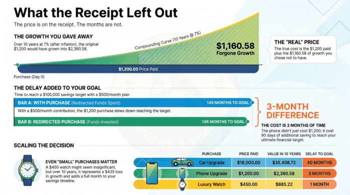 What the Receipt Left Out Time value of purchases - a $1,200 purchase shown as $2,360.58 of forgone growth over ten years and three months added to a savings goal