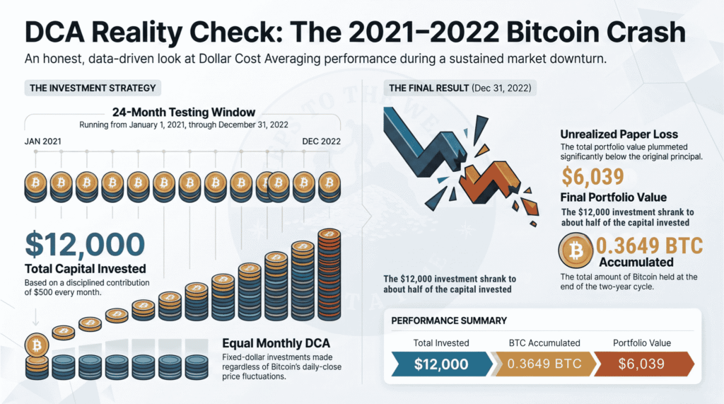 DCA Bitcoin results through the 2022 crash - $12,000 invested at $500 per month from January 2021 to December 2022 accumulated 0.3649 BTC worth $6,039