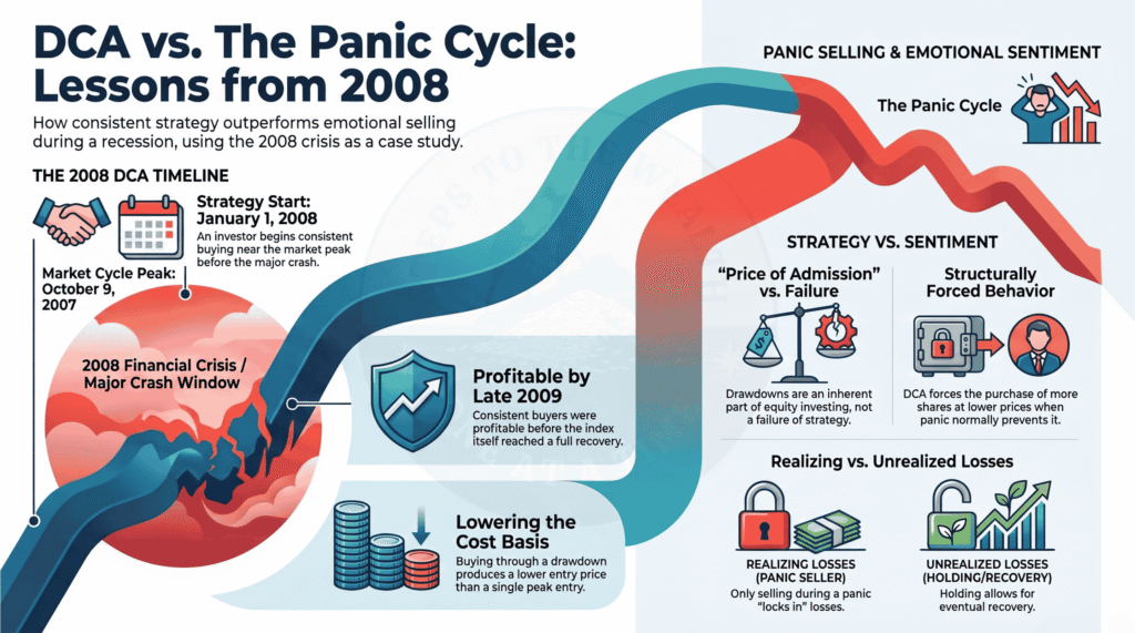 DCA versus the panic cycle in the 2008 financial crisis - a January 1 2008 start near the October 9 2007 cycle peak was profitable by late 2009, and selling in panic realises a loss while holding leaves it unrealised