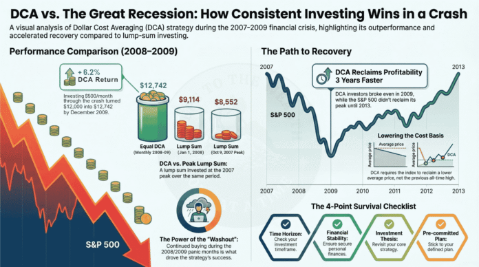 DCA vs. The Great Recession: Performance and Recovery Through the 2008 Financial Crisis DCA through the 2008 financial crisis - a $500 per month plan turned $12,000 into $12,742 by December 2009, versus $9,114 for a January 1, 2008 lump sum and $8,552 for a lump sum at the October 9, 2007 peak