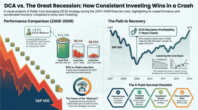 DCA through the 2008 financial crisis - a $500 per month plan turned $12,000 into $12,742 by December 2009, versus $9,114 for a January 1, 2008 lump sum and $8,552 for a lump sum at the October 9, 2007 peak
