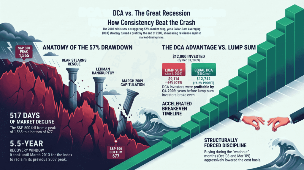 Recovery timeline after the 2008 financial crisis - 517 days of decline, a 5.5-year window before the S&P 500 reclaimed its 2007 peak, and DCA investors profitable by Q4 2009 at $12,742 versus $9,114 for a January 2008 lump sum