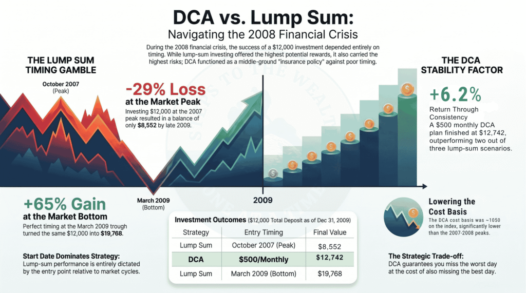 DCA versus lump sum through the 2008 financial crisis - $8,552 for a lump sum at the October 2007 peak, $12,742 for a $500 monthly DCA, and $19,768 for a lump sum at the March 2009 bottom