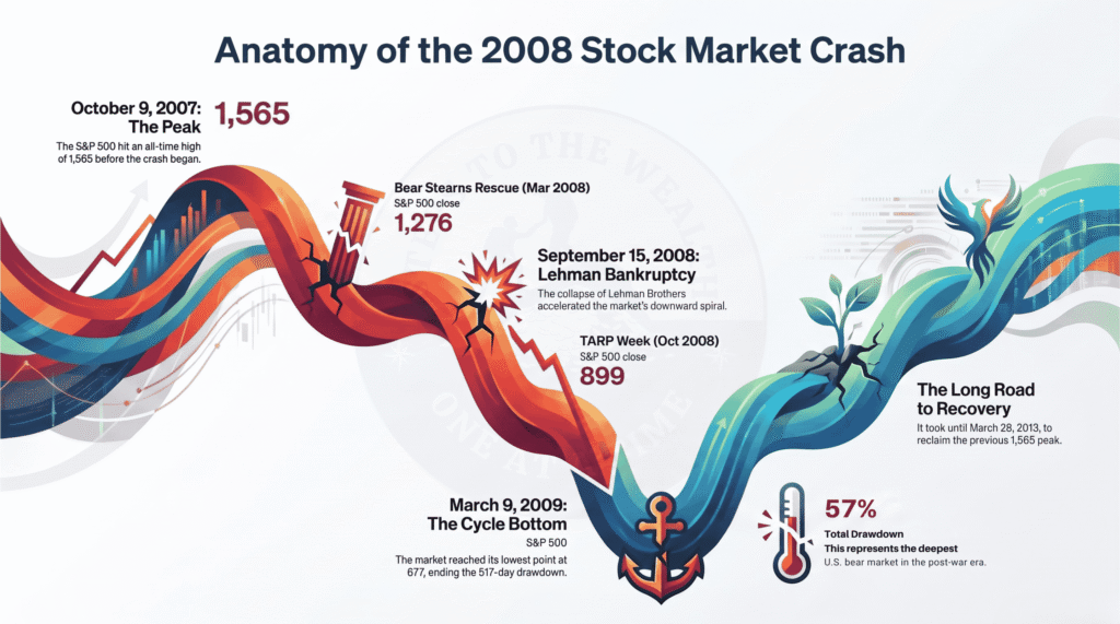Anatomy of the 2008 financial crisis - the S&P 500 fell 57% from 1,565 in October 2007 to 677 in March 2009 across the Bear Stearns rescue, the Lehman bankruptcy and TARP week