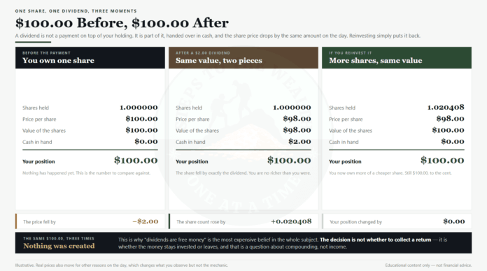 Should you reinvest dividends: nothing was created Should you reinvest dividends: a 00.00 share paying .00 becomes 8.00 plus .00 cash, and reinvesting buys 0.020408 more shares for the same 00.00