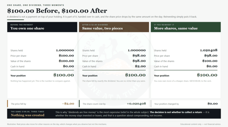 Should you reinvest dividends: a 00.00 share paying .00 becomes 8.00 plus .00 cash, and reinvesting buys 0.020408 more shares for the same 00.00
