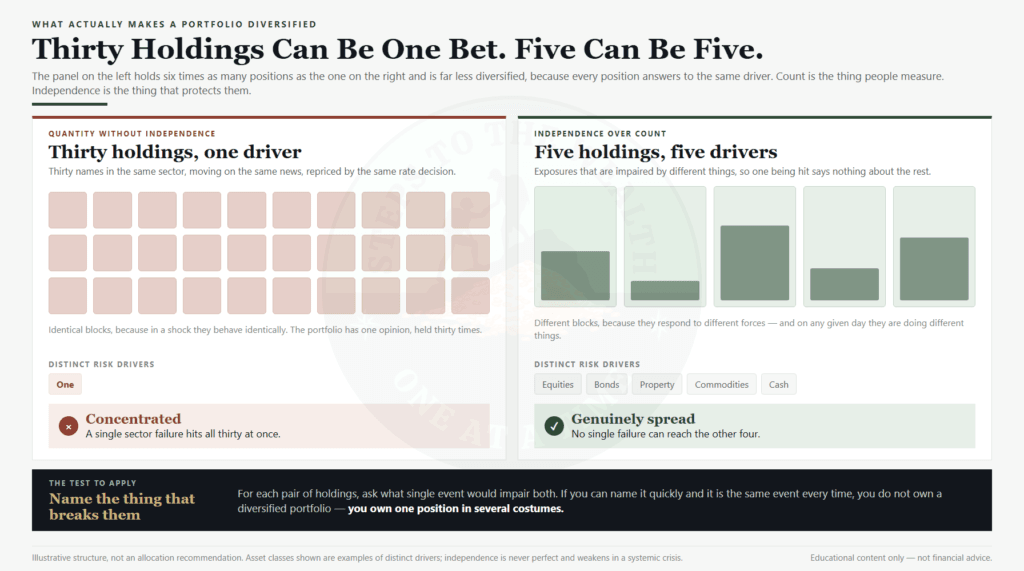 True diversification comes from independence of risk drivers, not from the number of holdings you own