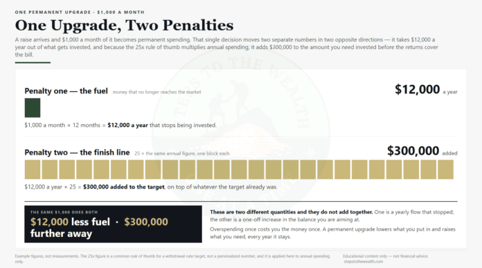 Lifestyle_Creep_Two_Penalties A permanent $1,000-a-month lifestyle upgrade shown as two penalties: $12,000 a year that stops being invested, and $300,000 added to the 25x retirement target.