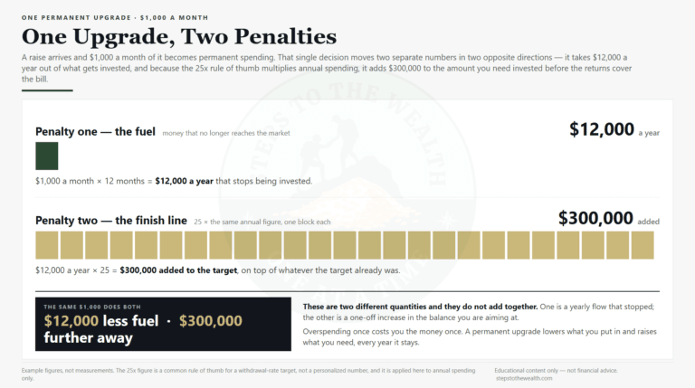 A permanent $1,000-a-month lifestyle upgrade shown as two penalties: $12,000 a year that stops being invested, and $300,000 added to the 25x retirement target.