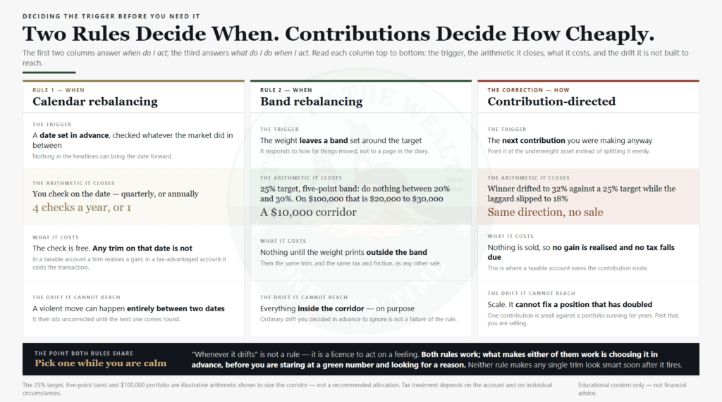 Two rules decide when to rebalance and contributions decide how cheaply: calendar rebalancing, band rebalancing with a 25% target and a five-point band, and contribution-directed correction that sells nothing