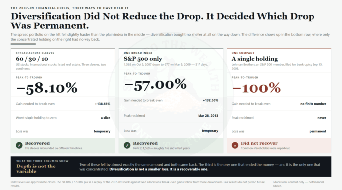 How diversification reduces risk - the 2007-09 crisis showed a spread portfolio and the S&P 500 both falling about 57 percent and both recovering, while a single concentrated holding went to zero and never came back