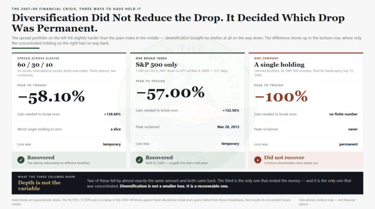How diversification reduces risk - the 2007-09 crisis showed a spread portfolio and the S&P 500 both falling about 57 percent and both recovering, while a single concentrated holding went to zero and never came back