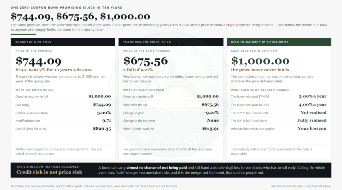 Bonds for working professionals: the same $1,000 promise priced at $744.09 and $675.56, a 9.21% fall from a one-point yield rise