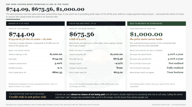 Bonds for working professionals: the same $1,000 promise priced at $744.09 and $675.56, a 9.21% fall from a one-point yield rise