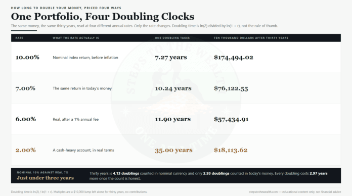 How long to double your money at four annual rates: doubling time and thirty-year multiples