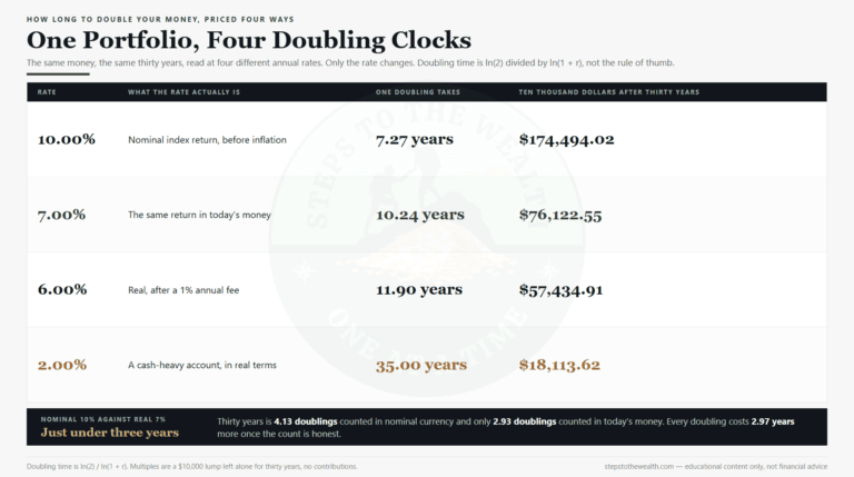 How long to double your money at four annual rates: doubling time and thirty-year multiples