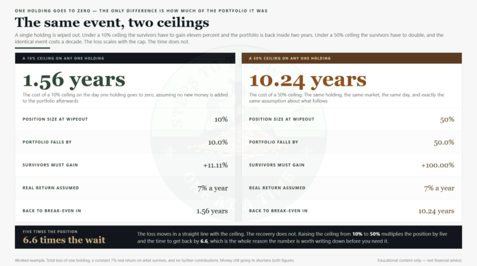 Position sizing rules: the same wipeout under a 10% ceiling and a 50% ceiling