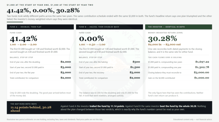 XIRR vs CAGR: two funds posting 41.42% and 0.00% CAGR that both returned the investor 30.28% money-weighted