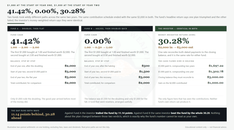XIRR vs CAGR: two funds posting 41.42% and 0.00% CAGR that both returned the investor 30.28% money-weighted