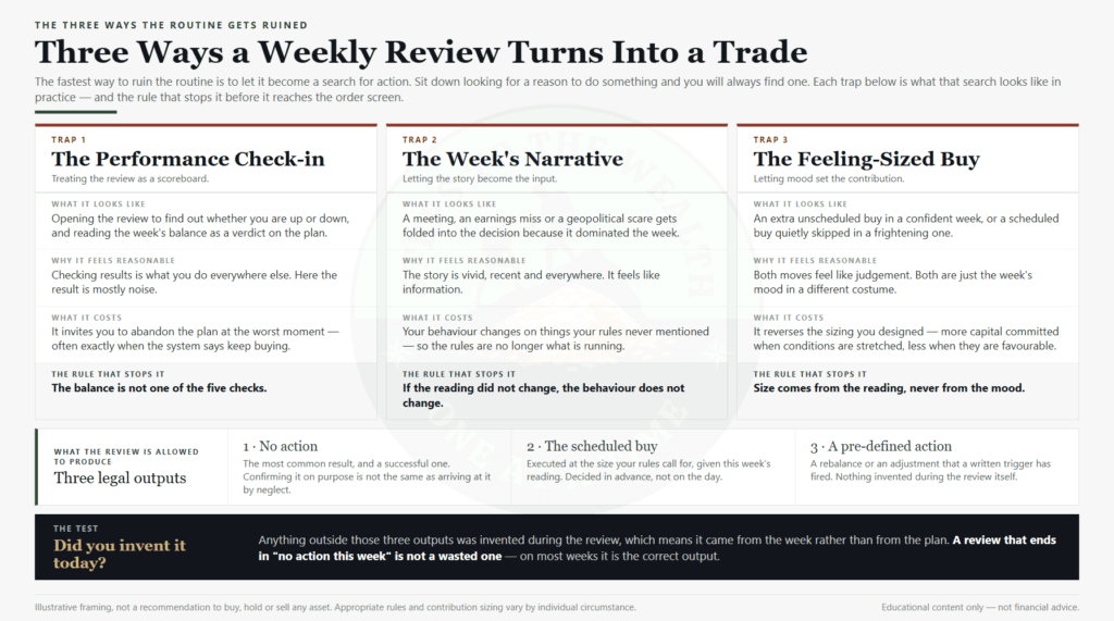 Three traps to avoid in a weekly investment review - trading on impulse, checking for reassurance, and reacting to news