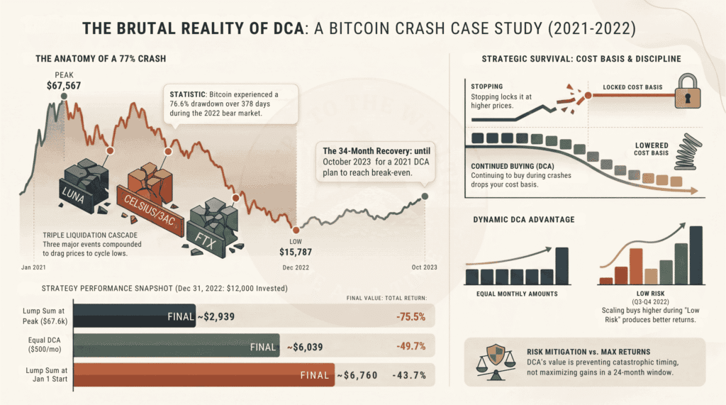 DCA Bitcoin cost basis through the crash - stopping buys locks in a higher cost basis while continuing to buy lowers it, plus the dynamic DCA advantage of scaling into the low-risk Q3-Q4 2022 window