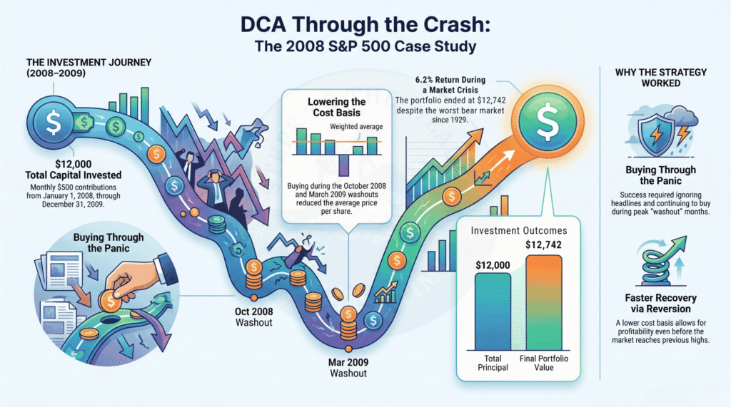 DCA through the 2008 financial crisis - $12,000 contributed at $500 per month from January 2008 to December 2009 finished at $12,742, a 6.2% return during a market crisis