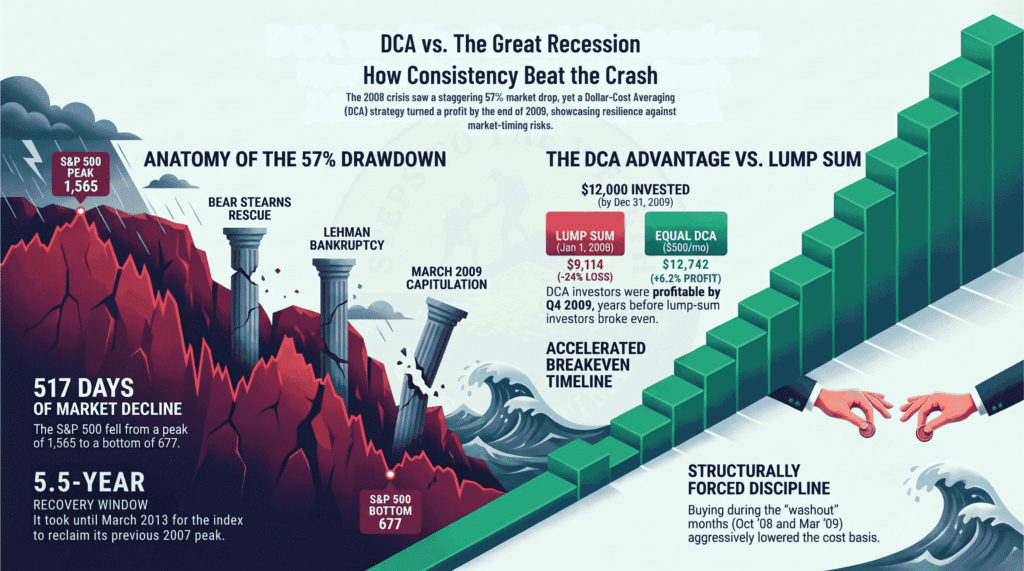 Recovery timeline after the 2008 financial crisis - 517 days of decline, a 5.5-year window before the S&P 500 reclaimed its 2007 peak, and DCA investors profitable by Q4 2009 at $12,742 versus $9,114 for a January 2008 lump sum