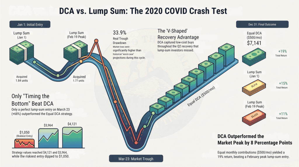DCA versus lump sum through the COVID crash - equal DCA returned 19.0%, a January lump sum 15.3%, a February peak lump sum 10.9%, and a March 23 bottom lump sum 67.9%