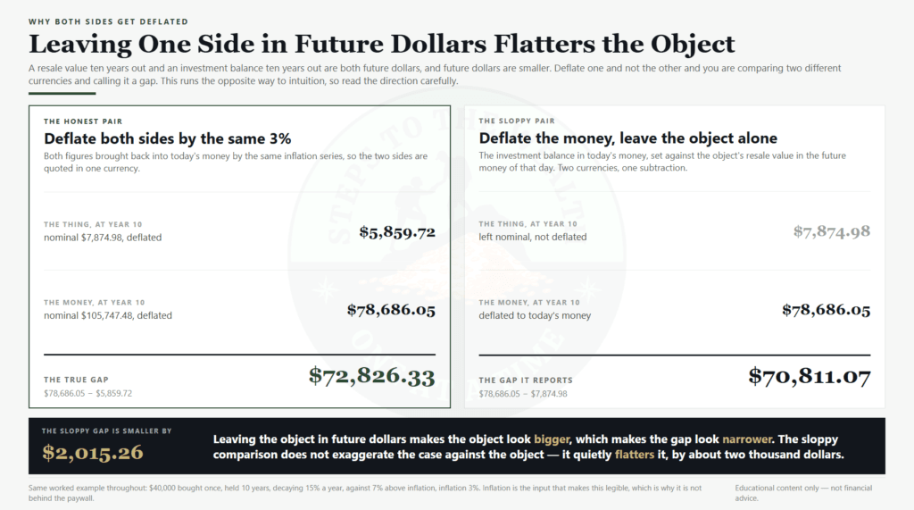 The same inflation deflator applied to both an object's resale value and an investment balance