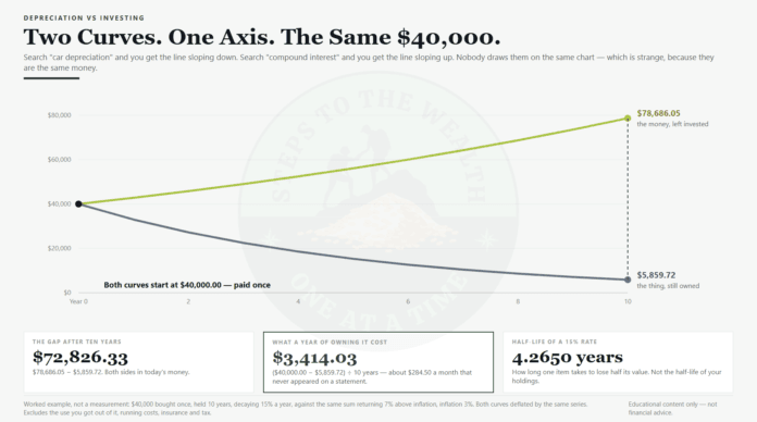 Two curves, one axis Two curves on one axis: a 40,000 dollar object decaying to 5,859.72 dollars against the same money growing to 78,686.05 dollars over ten years