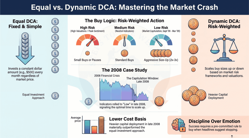 Equal versus dynamic DCA through the 2008 financial crisis - small buys at high risk, standard buys at medium, and 2x to 3x size-up buys once indicators rolled to low during the September 2008 to March 2009 capitulation