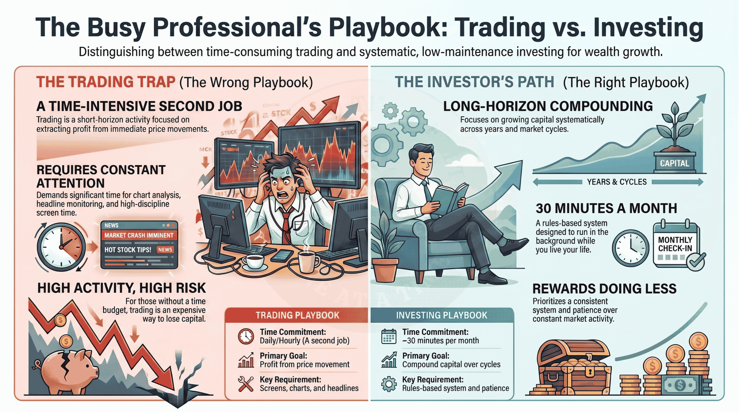 Side-by-side comparison of trading as a time-intensive second job versus systematic investing that needs about 30 minutes a month