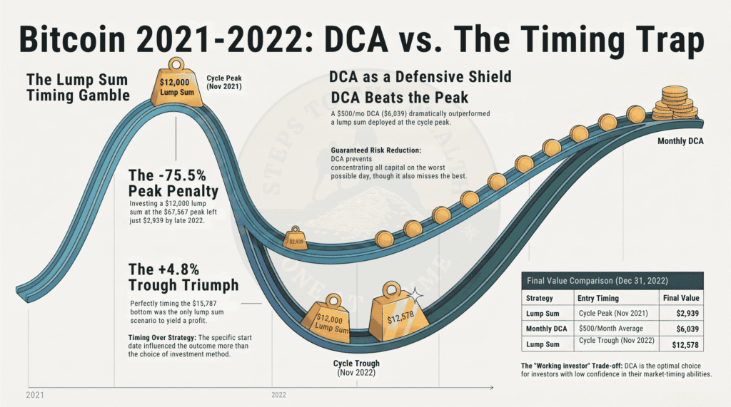 Lump sum versus DCA Bitcoin final values on December 31 2022 - $2,939 for a lump sum at the peak, $6,039 for monthly DCA, $12,578 for a lump sum at the trough