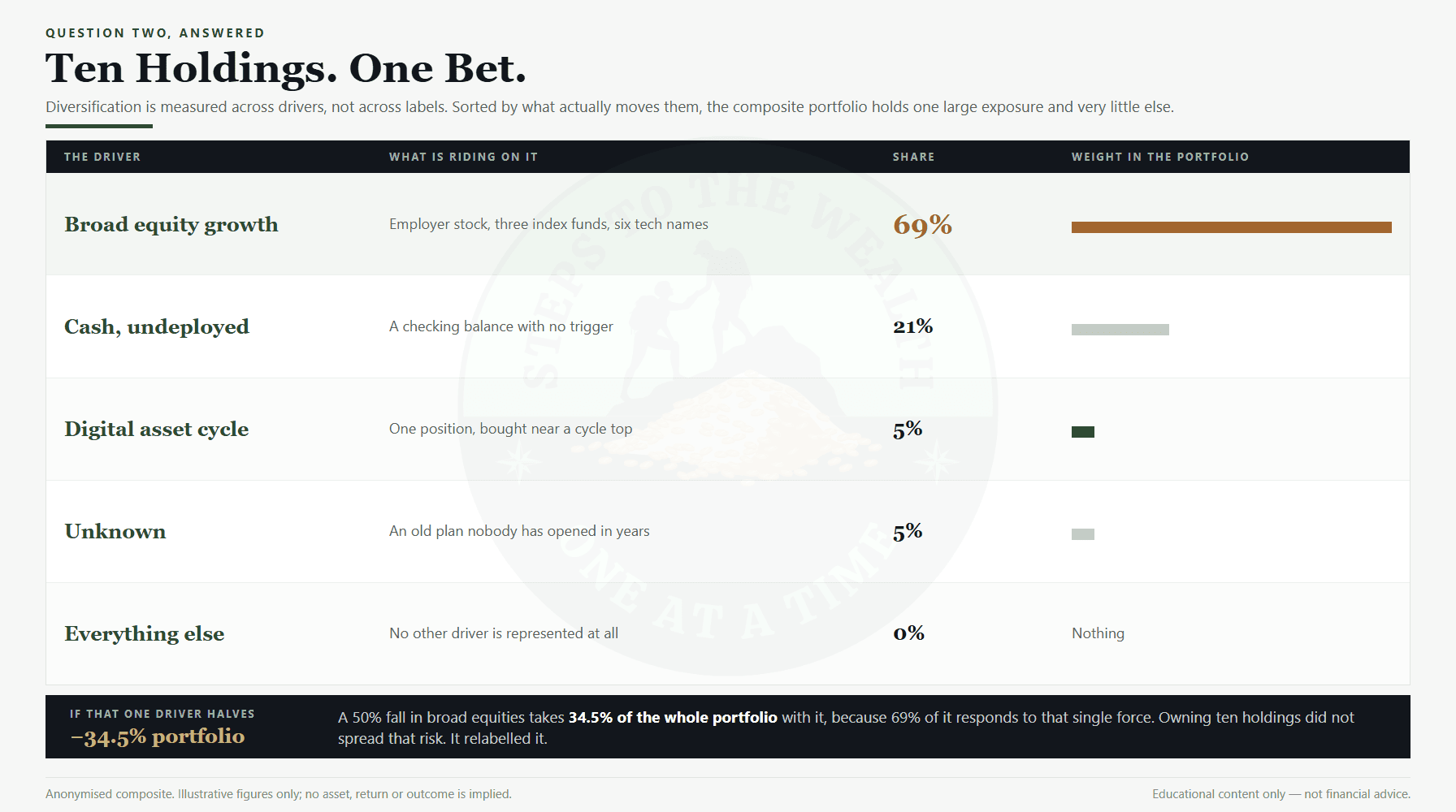 Portfolio audit driver breakdown: 69% of the portfolio rides on broad equity growth across ten holdings