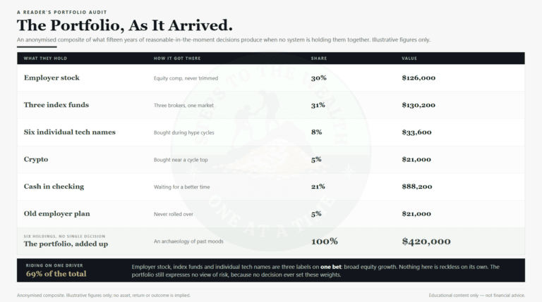 Portfolio audit of an anonymised composite portfolio: six holdings, their share and their value, totalling $420,000