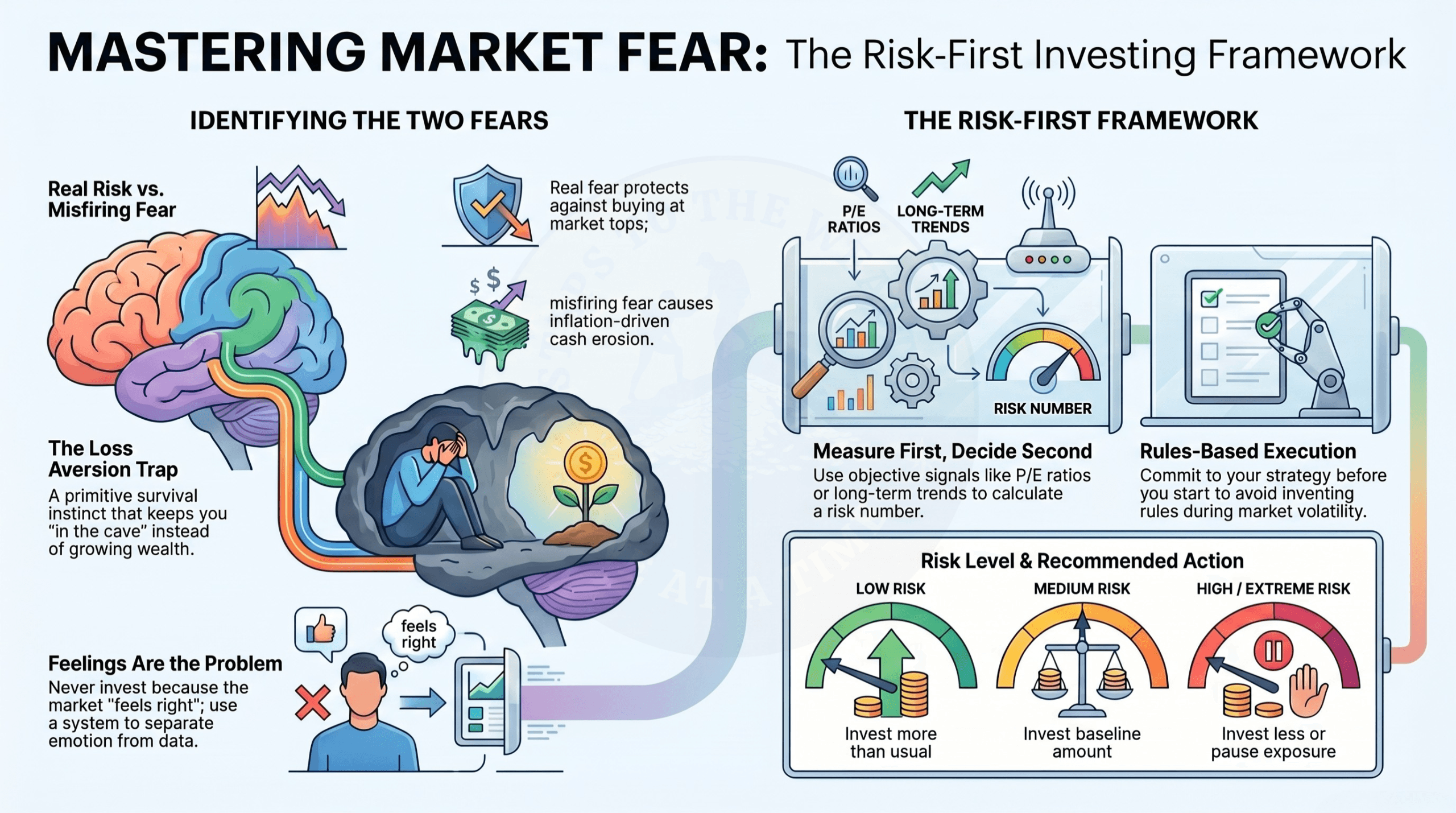 Scared to invest: the two fears separated, real risk of buying a market top versus misfiring loss aversion, with low, medium and high risk actions