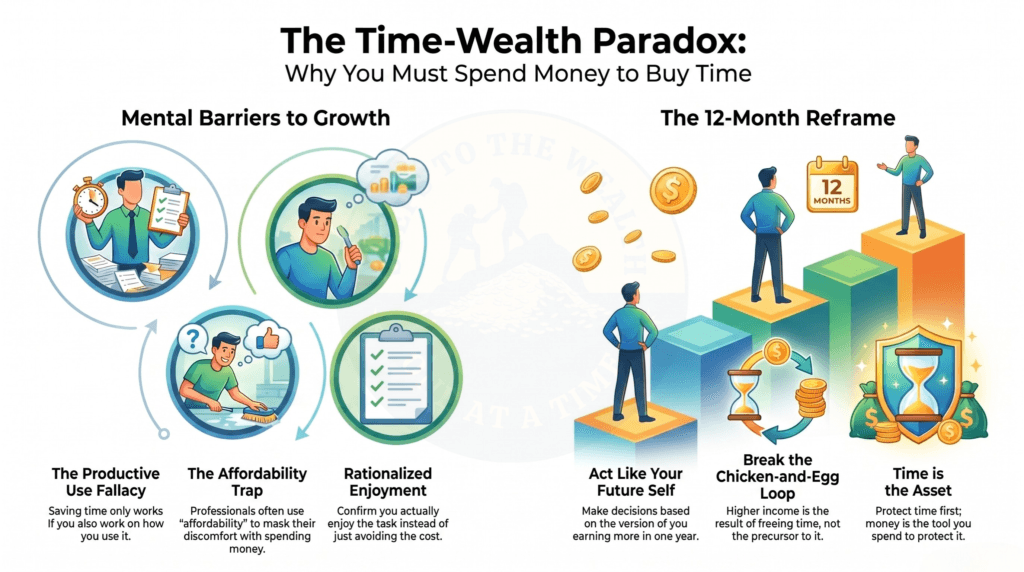 The time-wealth paradox showing three mental barriers to growth on the left and the 12-month reframe on the right, where decisions are made as the higher-income version of you twelve months from now