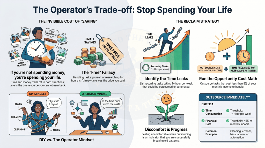 The operator trade-off guide contrasting the DIY mindset with the operator mindset, and an outsource-immediately checklist with two thresholds: a task taking 1 or more hours per week and a cost under 5 percent of monthly income