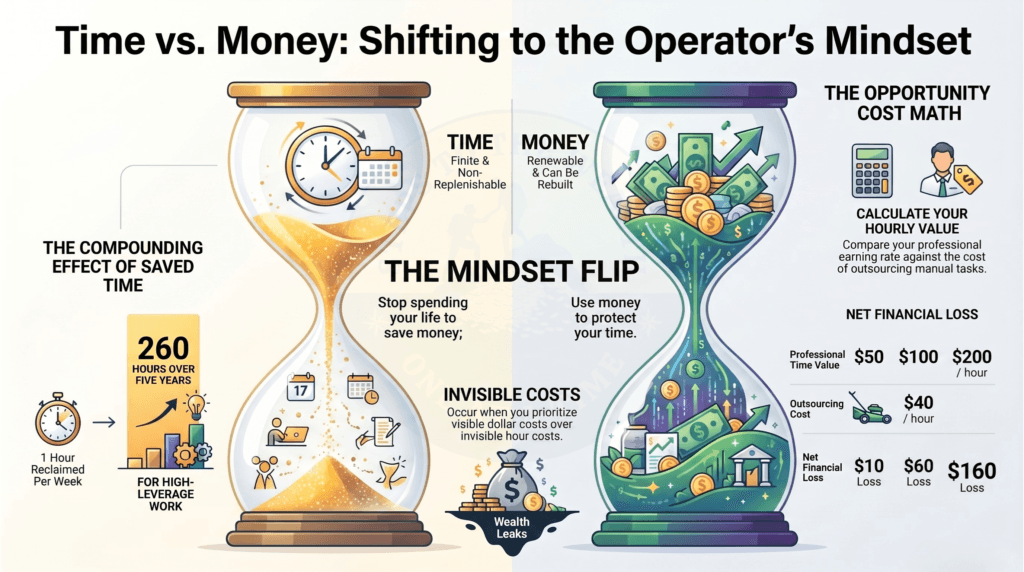 The opportunity cost of time in one table: professional time value of $50, $100 and $200 per hour against a $40 per hour outsourcing cost, producing net financial losses of $10, $60 and $160 per hour, and 260 hours reclaimed over five years