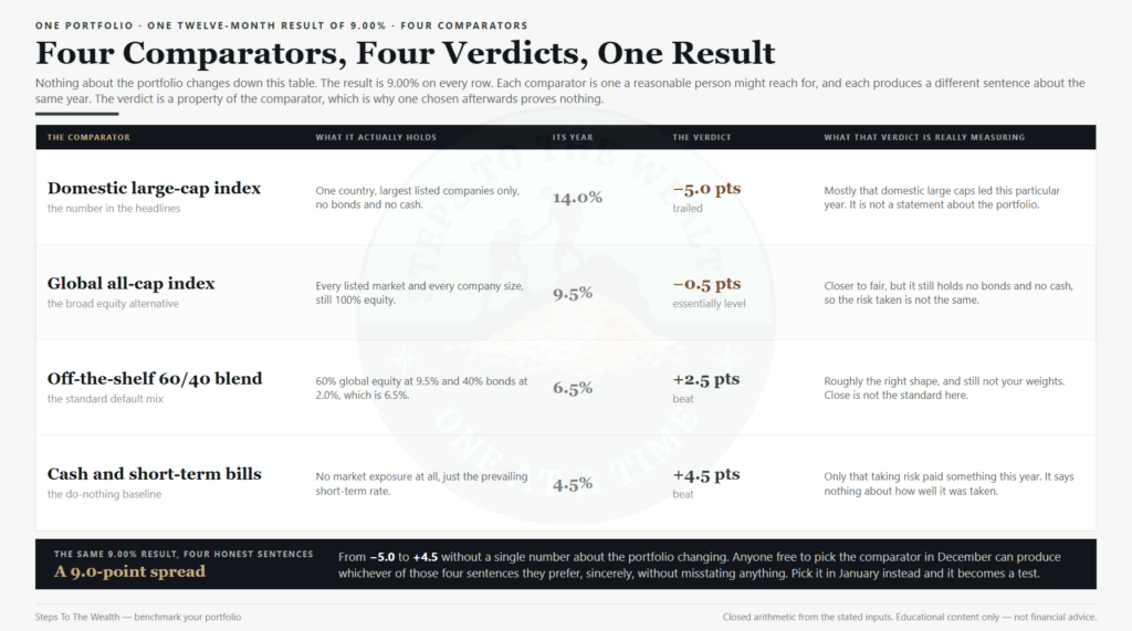 Benchmark your portfolio against four comparators: the same 9 percent result reads as a five-point loss or a four-point win