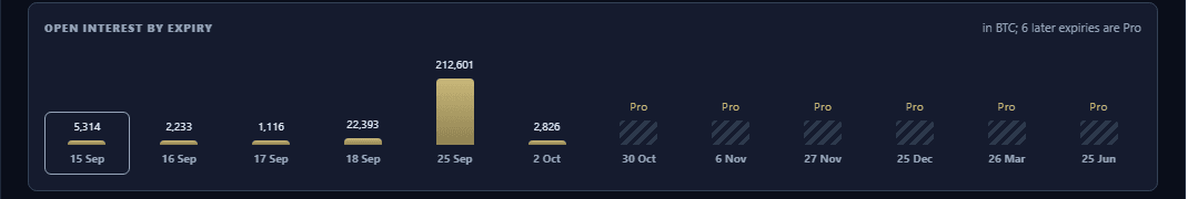 Crypto max pain open interest by expiry: the free expiries within 30 days and the Pro expiries beyond
