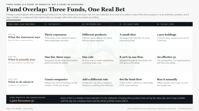 StepsToTheWealth-FundOverlap-ThreeFundsOneBet-20260902 Fund overlap: three index funds sorted by the same rule, and the single bet underneath them