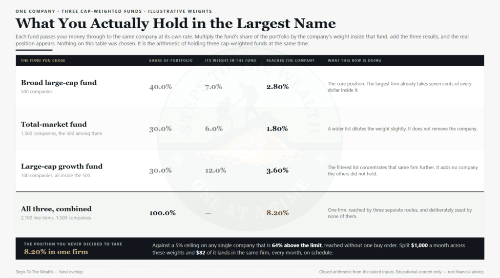 Fund overlap arithmetic: three funds passing 8.20% of the portfolio through to one company